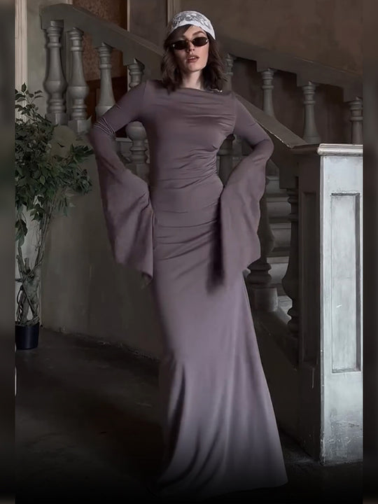 Damen elegantes Maxi-Kleid mit schwingenden Ärmeln und raffinierten Drapierungen R&B