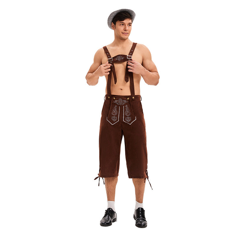 Herren nan knielange traditionelle Lederhose mit besticktem Brustlatz und verstellbaren Trägern R&B