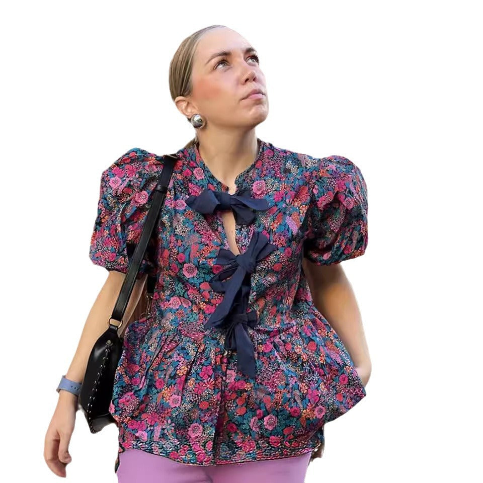 Damen Bluse mit voluminösen Ärmeln und floralen Mustern R&B
