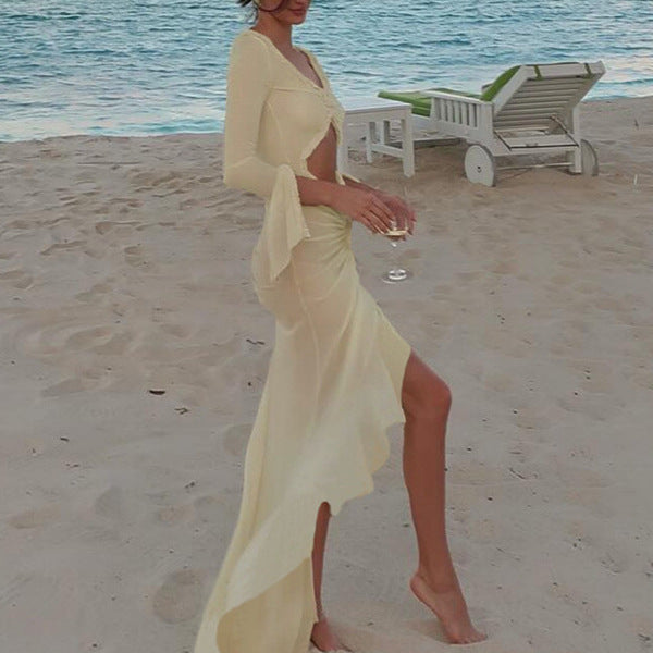 Damen Maxikleid mit raffinierten Rüschen und innovativem Cut-Out-Design R&B