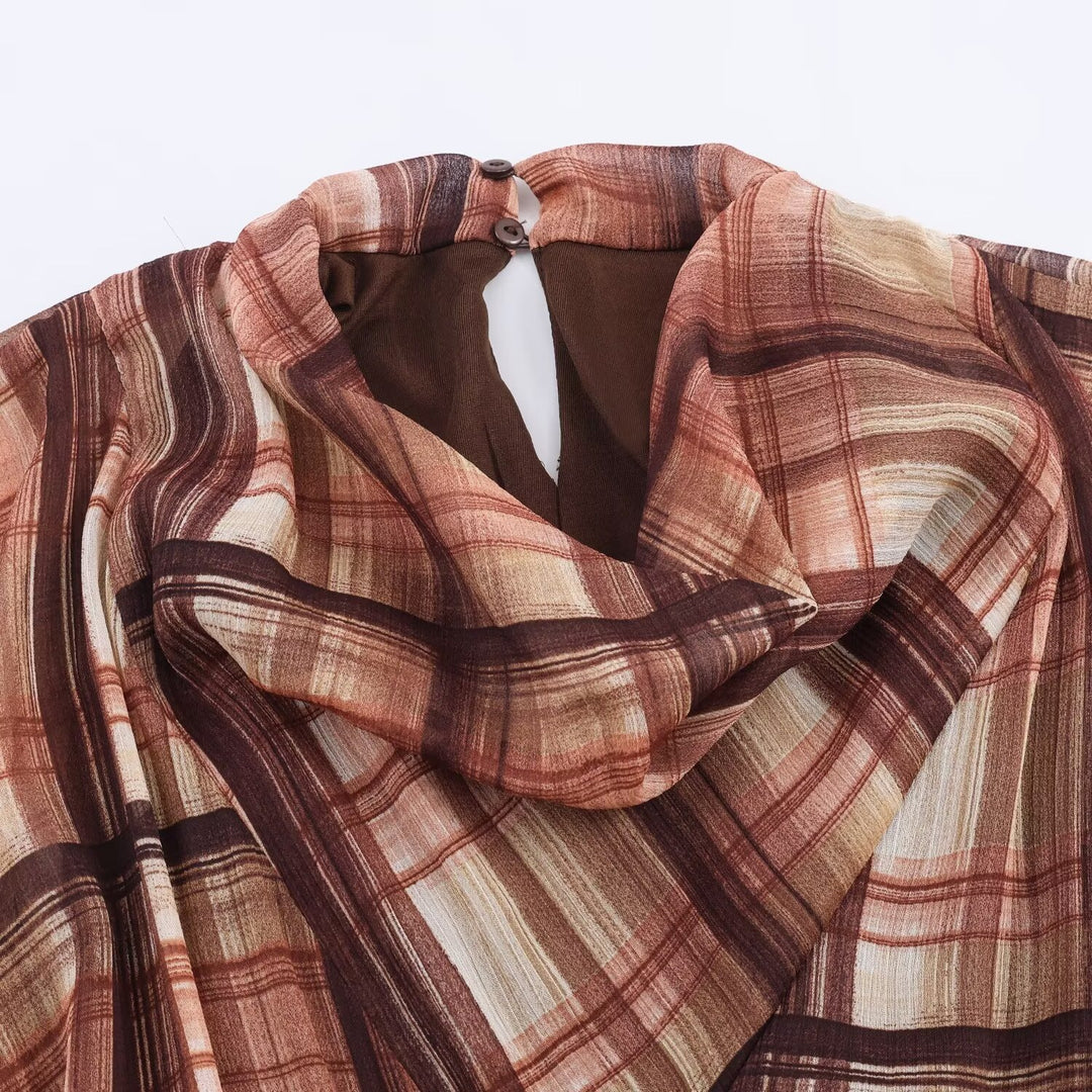 Damen Langarm Kleid im karierten Design mit asymmetrischem Saum und Bindegürtel R&B