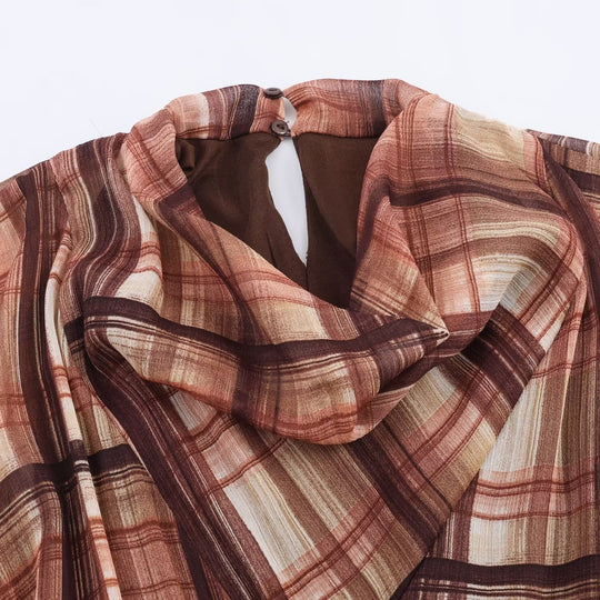 Damen Langarm Kleid im karierten Design mit asymmetrischem Saum und Bindegürtel R&B