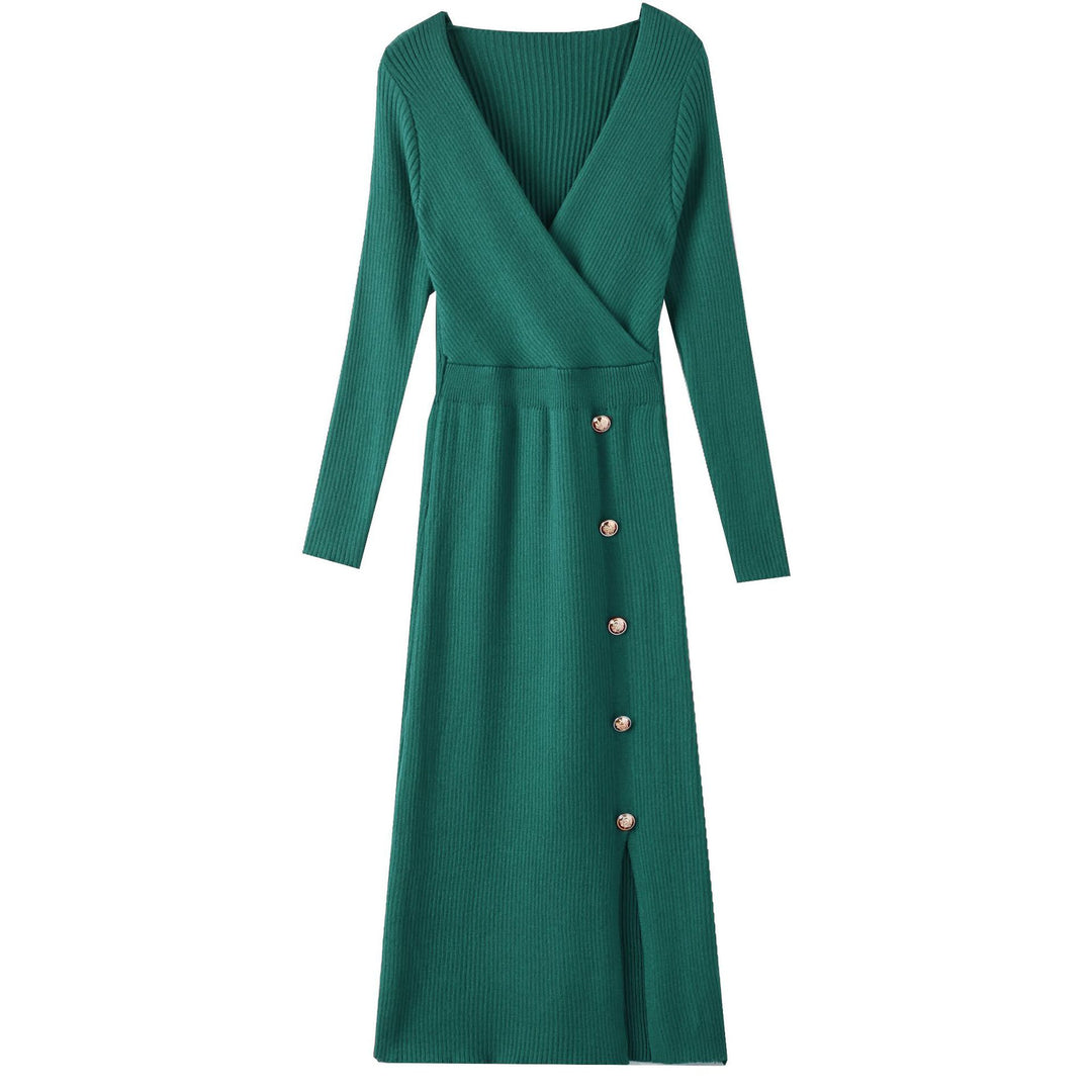 Damen Strickkleid mit Wickeloptik und Knopfdetails R&B