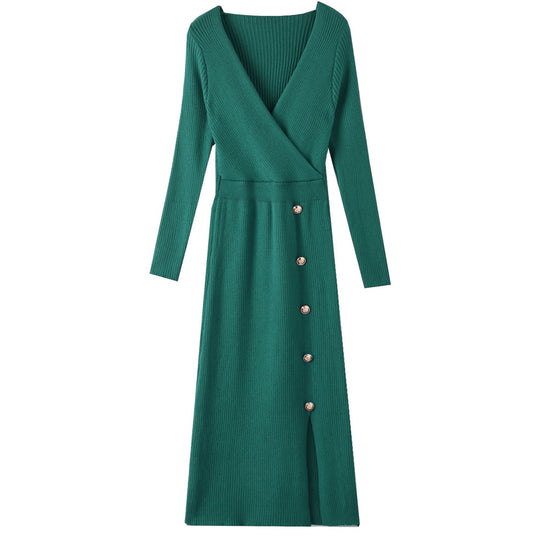 Damen Strickkleid mit Wickeloptik und Knopfdetails R&B