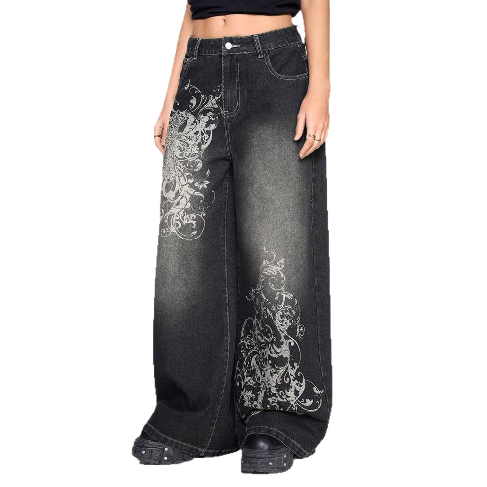 Damen Weite Denim-Hose mit auffälligem grafischem Druck R&B