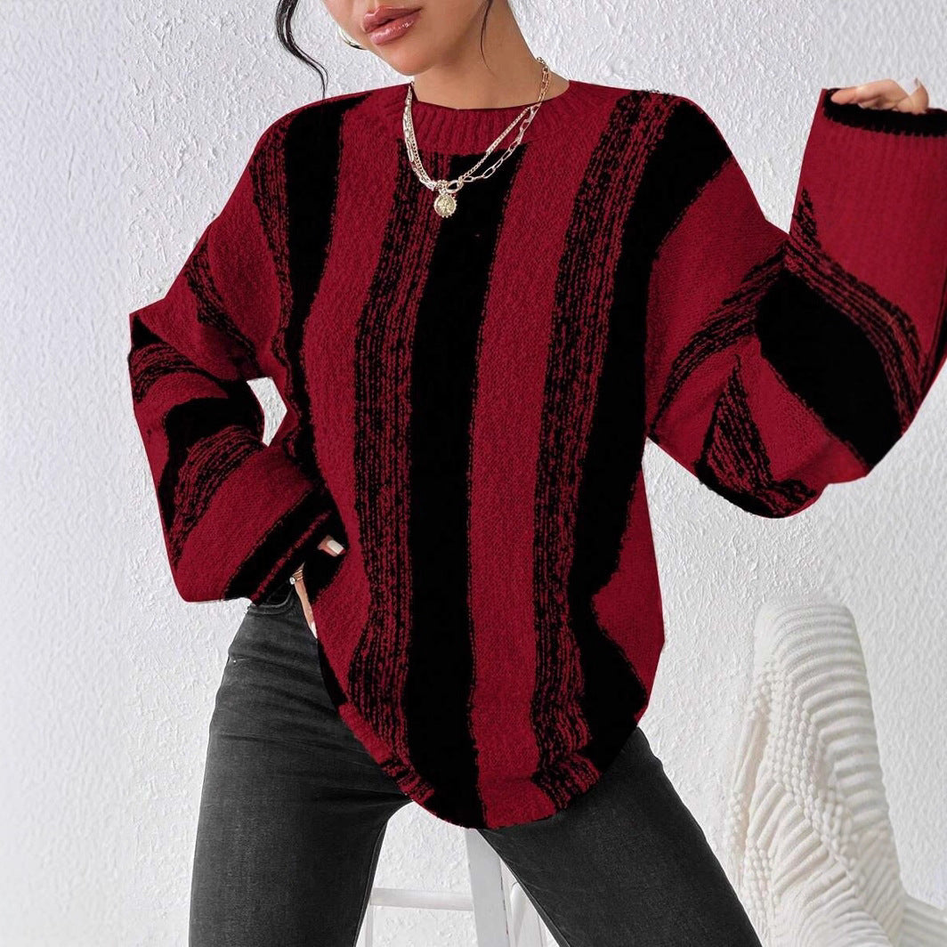 Damen Grober Strickpullover mit auffälligem Streifenmuster und lockerer Passform R&B