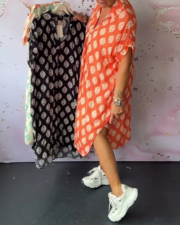 Damen nan legeres Kaftan-Midikleid mit Hemdkragen V-Ausschnitt kurzem Fledermausärmel und seitlichen Eingrifftaschen R&B