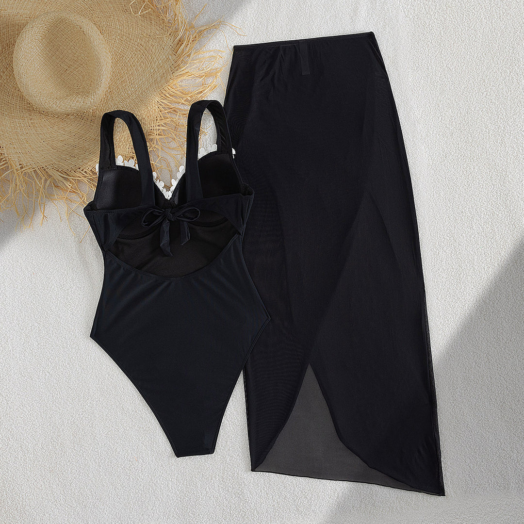 Damen Eleganter Einteiler Badeanzug mit transparentem Rock R&B