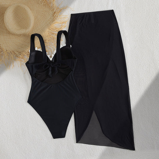Damen Eleganter Einteiler Badeanzug mit transparentem Rock R&B