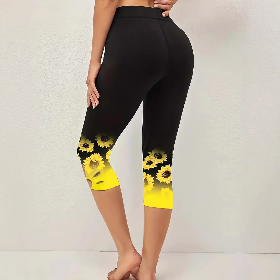 Damen Capri-Leggings mit einzigartigem Sonnenblumen-Design und hohem Bund R&B
