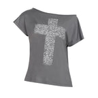 Damen Off-Shoulder Shirt mit Kreuzmotiv R&B