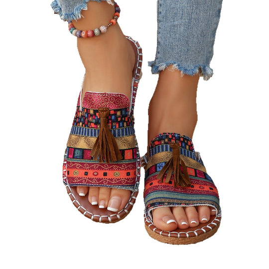 Damen Casual Slip-On Sandalen mit buntem Webdesign und Quasten R&B