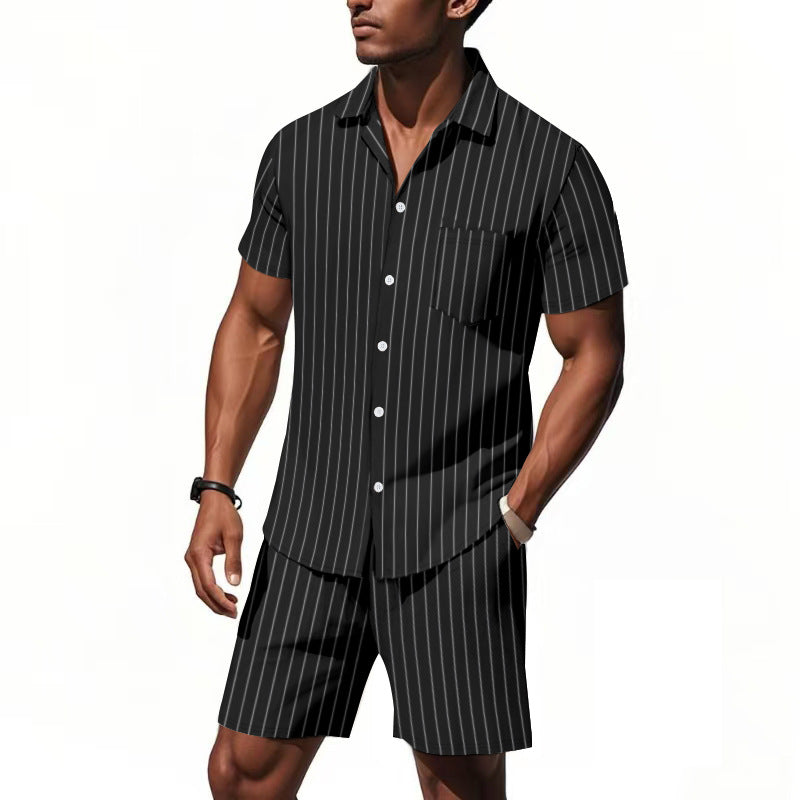 Herren Kurzarm-Pyjama-Set mit dezentem Streifenmuster und praktischer Brusttasche R&B