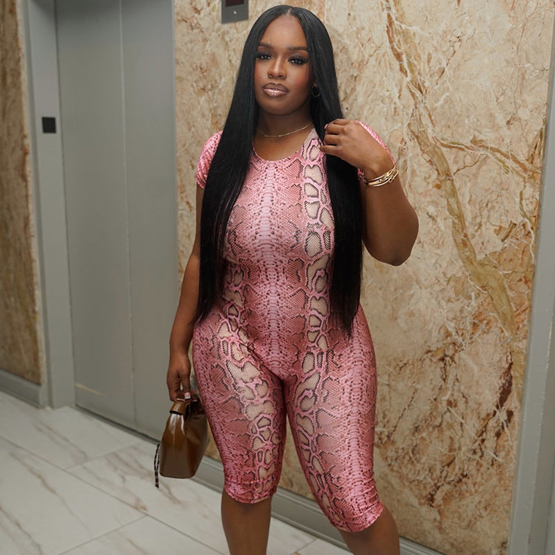 Damen figurbetonter Jumpsuit mit Schlangenmuster und kurzem Schnitt R&B