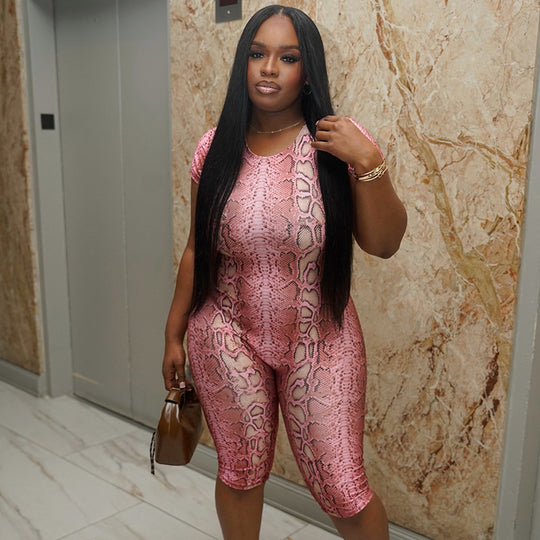 Damen figurbetonter Jumpsuit mit Schlangenmuster und kurzem Schnitt R&B