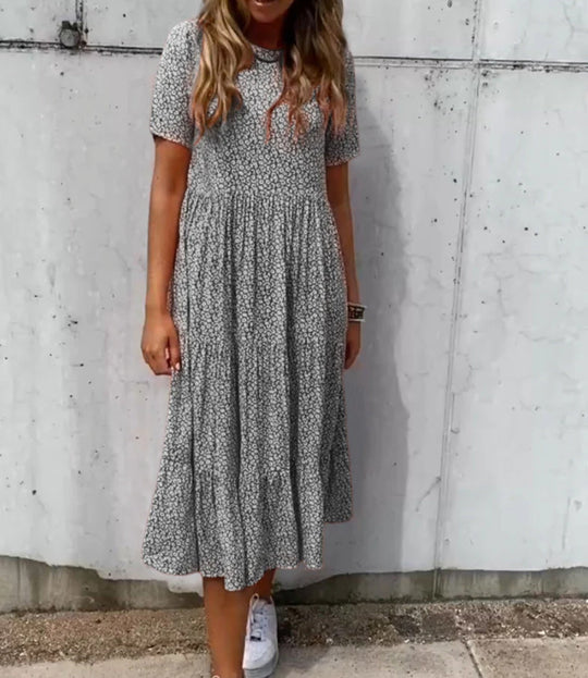 Damen nan leichtes Midikleid mit geraffter Taillenpartie, kurzen Ärmeln und mehrlagigem Stufenrock R&B