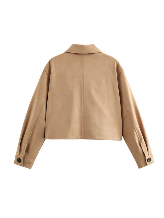 Damen cropped Jacke aus hochwertigem Wildlederimitat mit großen Taschen R&B
