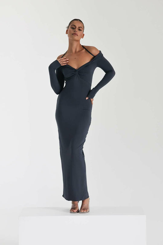 Damen Maxi-Kleid mit Off-Shoulder Design und elegantem Schlitz R&B