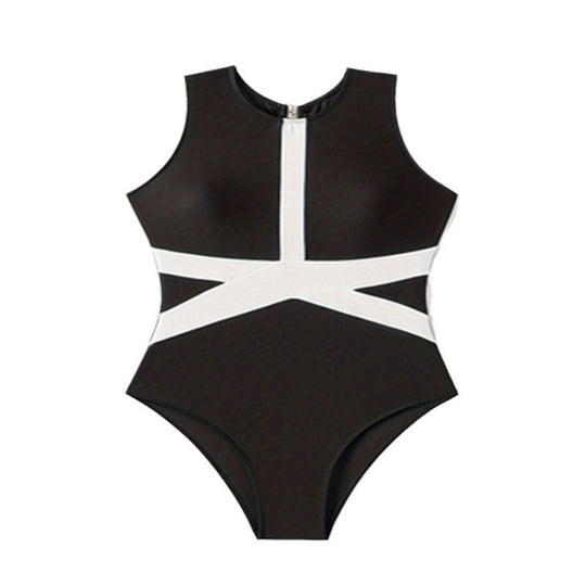 Damen Einteiliger Badeanzug mit sportlichem Reißverschluss und stylischem Farbblock-Design R&B