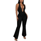 Damen eleganter Jumpsuit mit tiefem V-Ausschnitt und Spitzendetails R&B