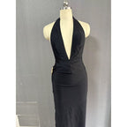 Damen elegantes Maxikleid mit tiefem V-Ausschnitt und figurbetonender Silhouette R&B