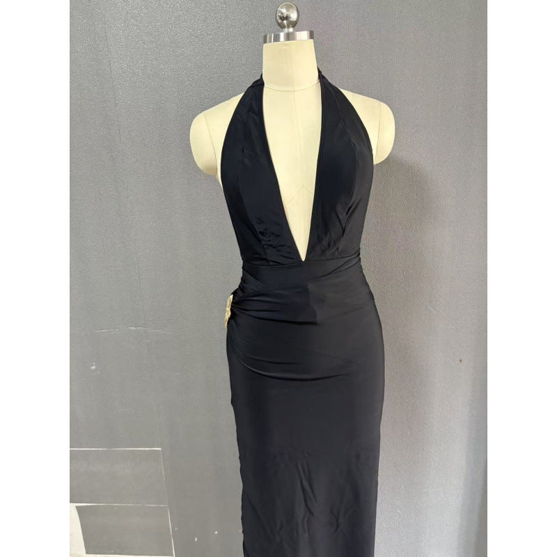 Damen elegantes Maxikleid mit tiefem V-Ausschnitt und figurbetonender Silhouette R&B
