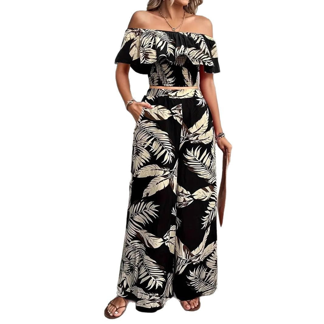 Damen Zweiteiliges Palmwedel-Outfit mit schulterfreiem Top und weitem Schnitt R&B
