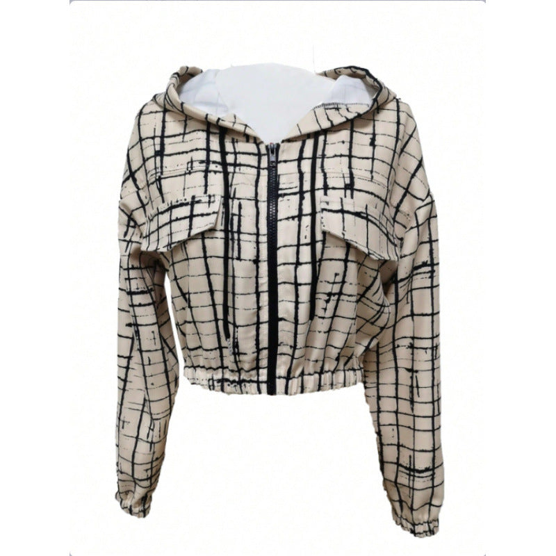 Damen stylische kurz geschnittene Jacke mit geometrischem Muster und moderner Kängurutasche R&B
