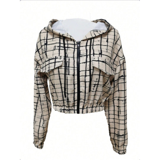 Damen stylische kurz geschnittene Jacke mit geometrischem Muster und moderner Kängurutasche R&B