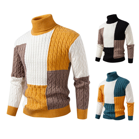 Herren hochabschließend gestrickter Pullover mit modernem Zopfmuster und attraktiven Farbblöcken R&B