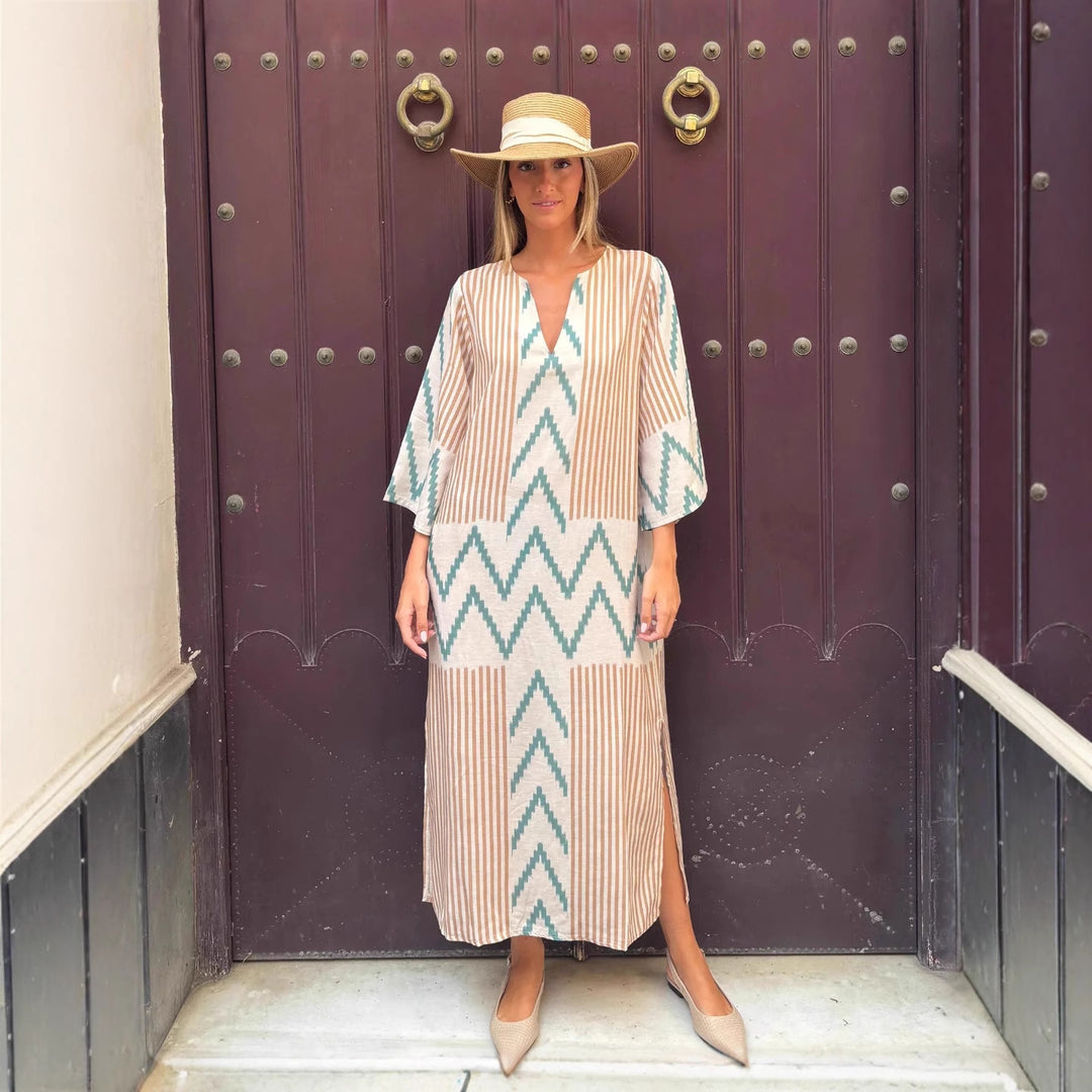 Damen Lässiges Maxikleid mit modernem Grafikdruck und seitlichen Schlitzen R&B