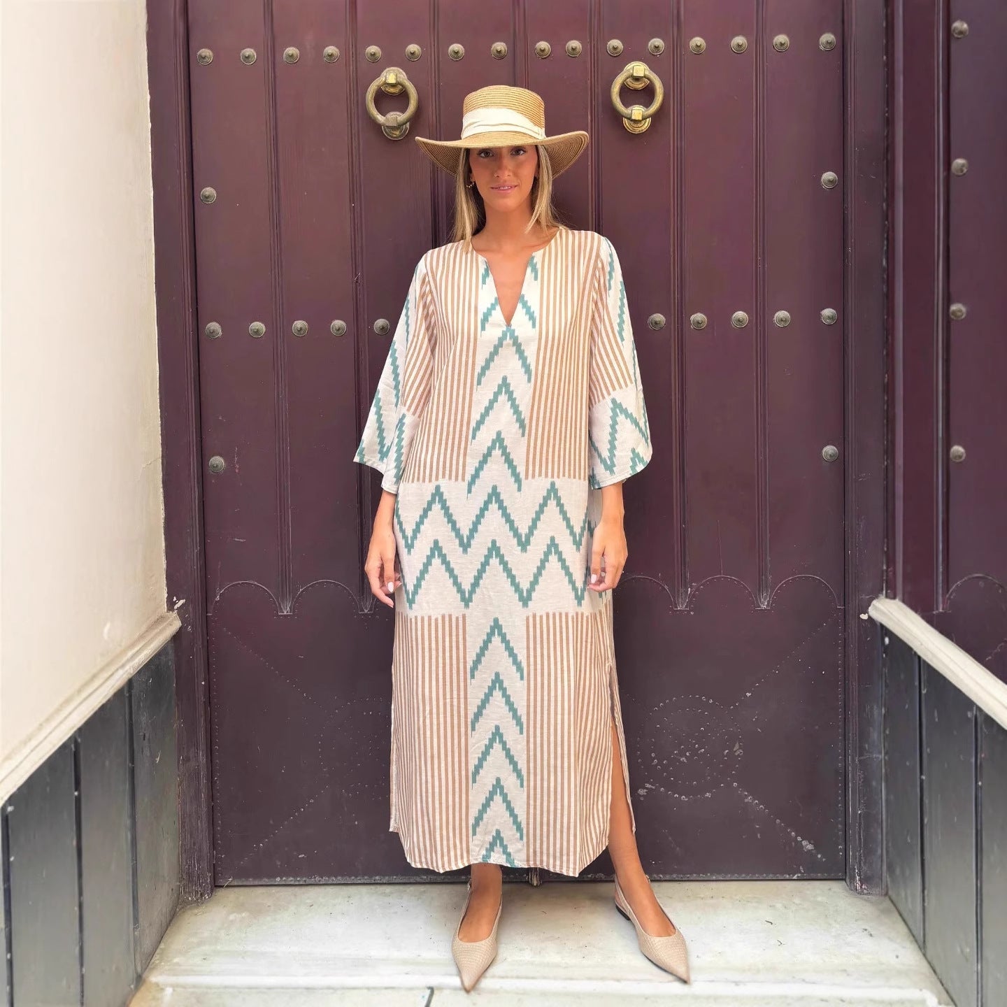 Damen Lässiges Maxikleid mit modernem Grafikdruck und seitlichen Schlitzen R&B