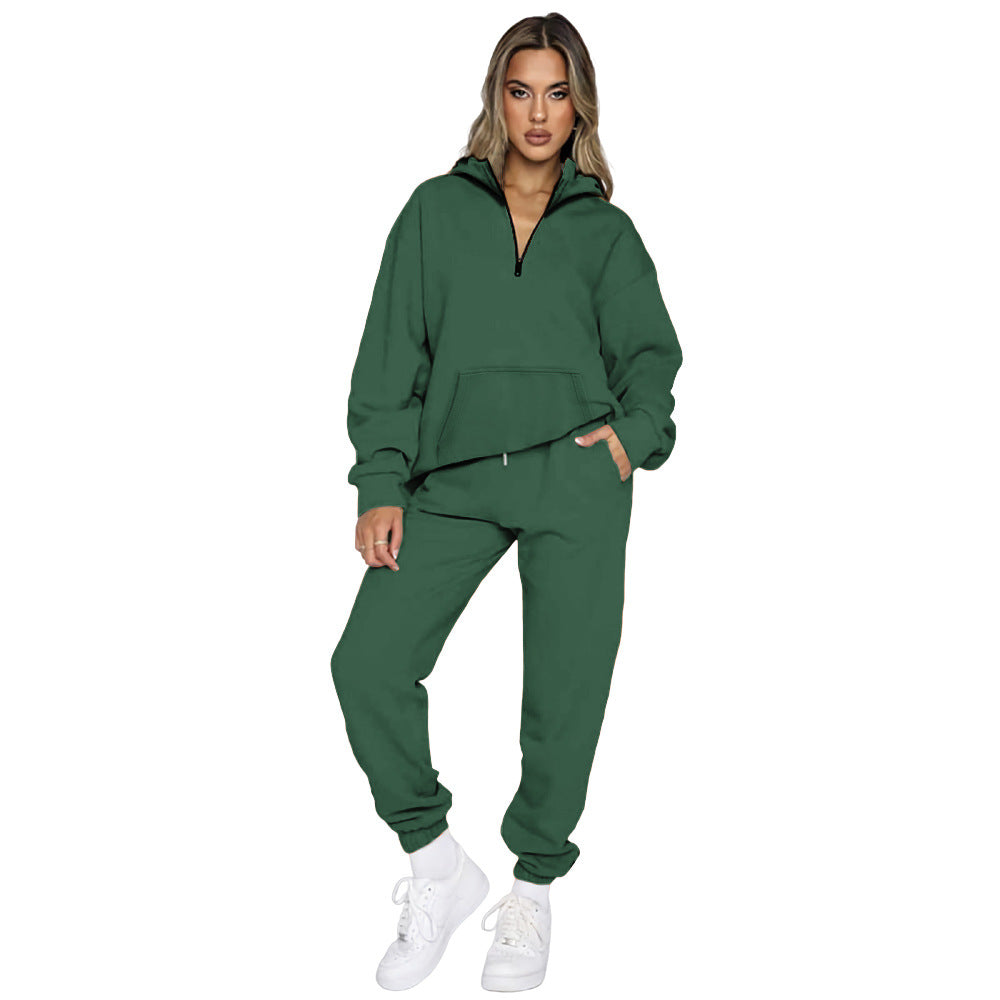 Damen gemütlicher Two-Piece Sweatsuit mit halbem Reißverschluss und praktischen Taschen R&B