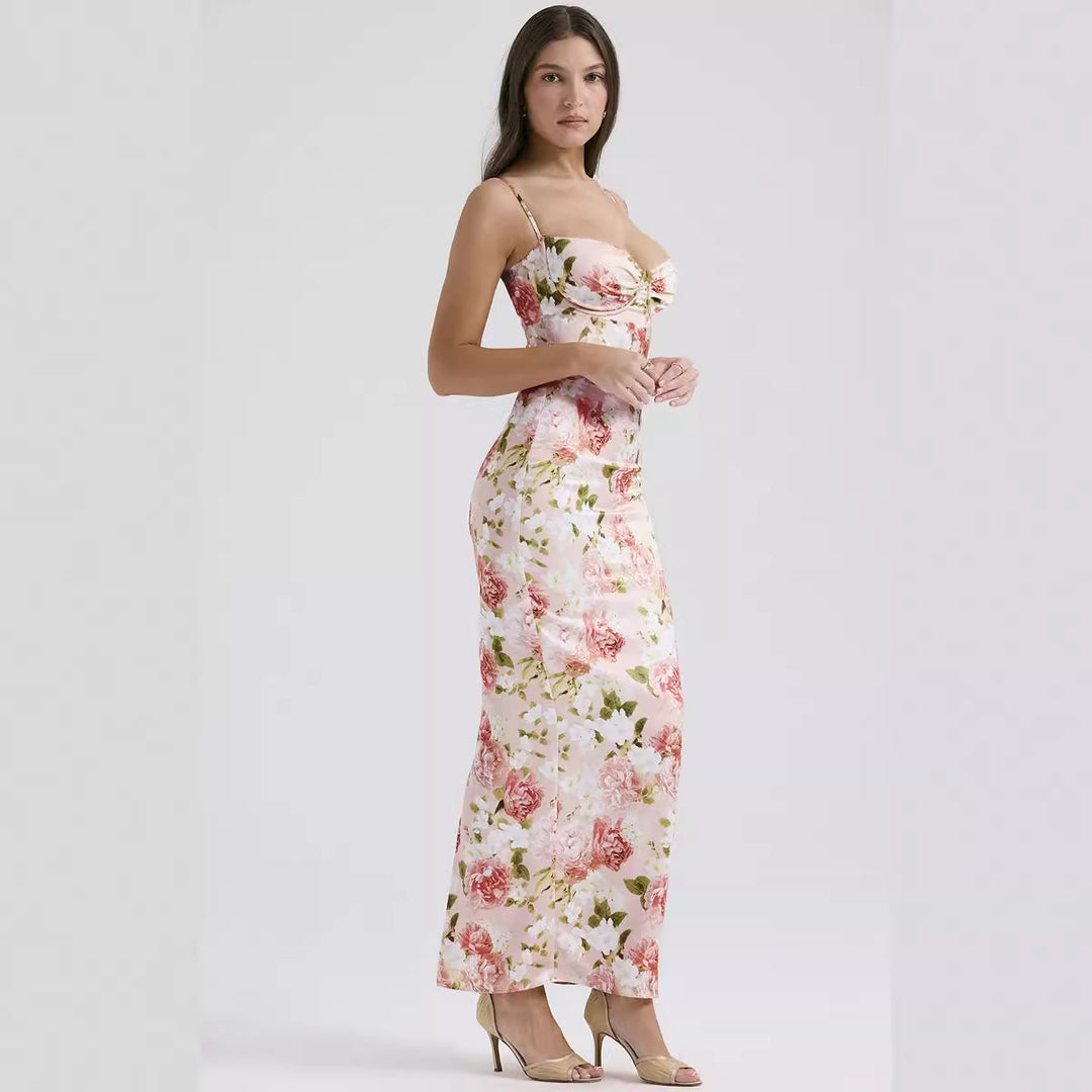 Damen Körperbetontes Maxikleid mit floralen Akzenten und verstellbaren Spaghettiträgern R&B