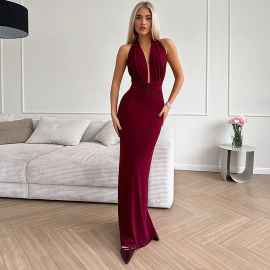 Damen elegantes Abendkleid mit tiefem V-Ausschnitt und figurbetonter Silhouette R&B