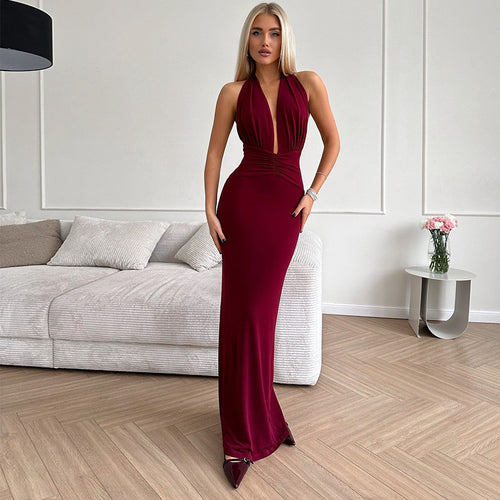 Damen elegantes Abendkleid mit tiefem V-Ausschnitt und figurbetonter Silhouette R&B