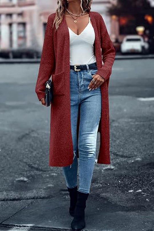 Damen Langer Strickmantel mit strukturiertem Design und praktischen Taschen R&B