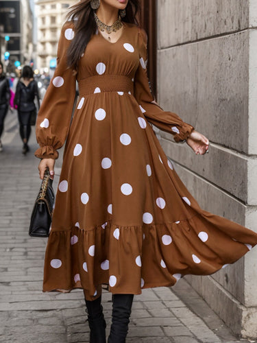 Damen Elegantes Maxi-Kleid mit modischem Punkte-Design und Taillenbetonung R&B