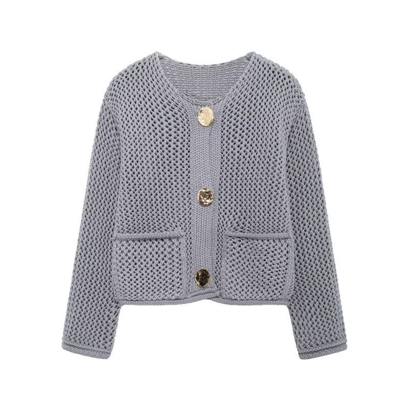 Damen luftige Strickjacke mit durchbrochenem Muster und praktischen Taschen R&B