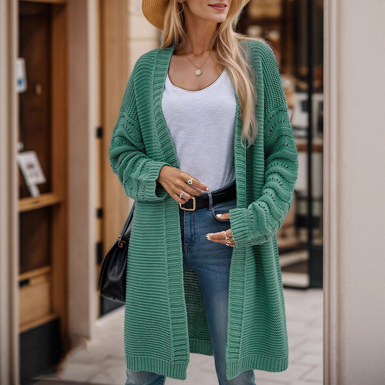 Damen Langer Strickcardigan mit luftiger Maschenstruktur und offener Front