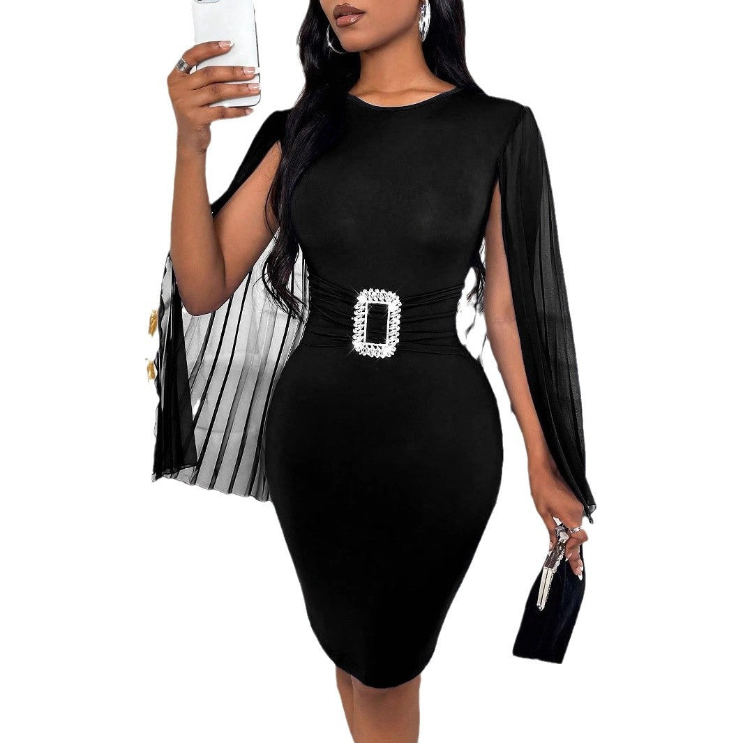 Damen Elegantes Wickelkleid mit transparenten Ärmeln und schimmerndem Taillengürtel R&B