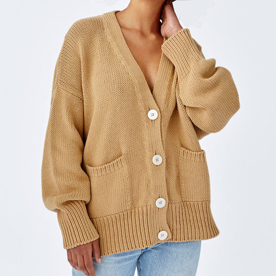 Damen Oversized Strickjacke mit Taschen und V-Ausschnitt R&B
