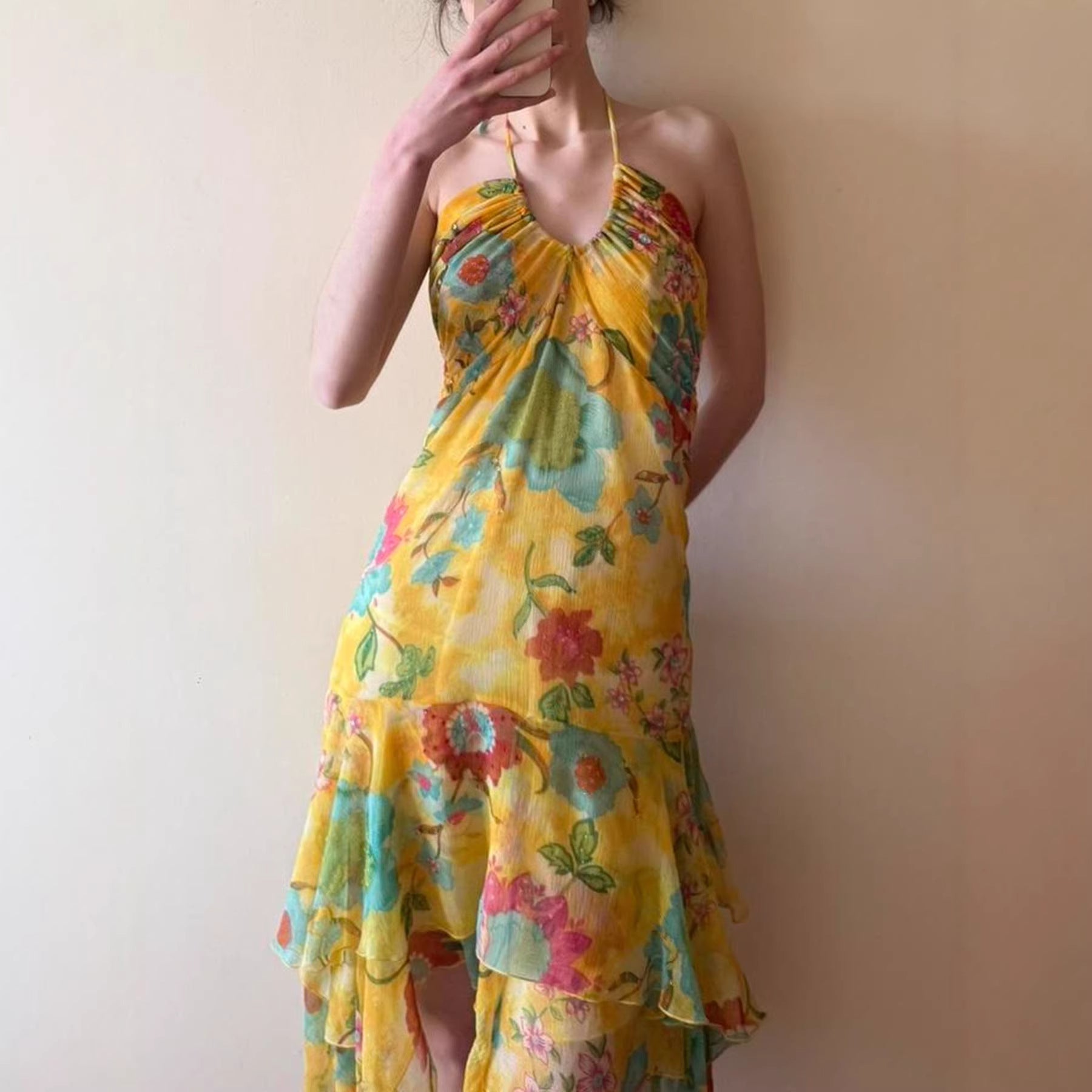 Damen Maxikleid mit floralem Lagenlook und Spaghettiträgern R&B