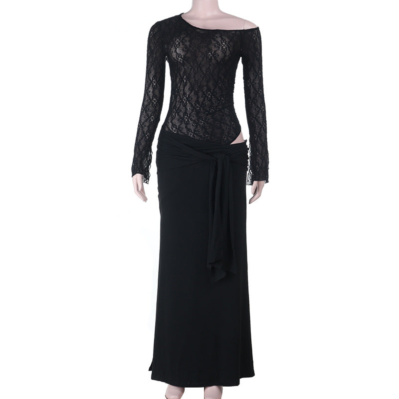 Damen eleganter Spitzen-Bodysuit mit schickem langen Rock R&B