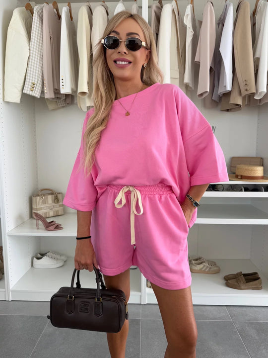 Damen lässiges Set aus Oversize-T-Shirt und Shorts mit verstellbarem Taillenzug R&B