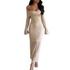 Damen elegantes Off-Shoulder-Kleid mit figurformendem Design und knie-langer Länge EB