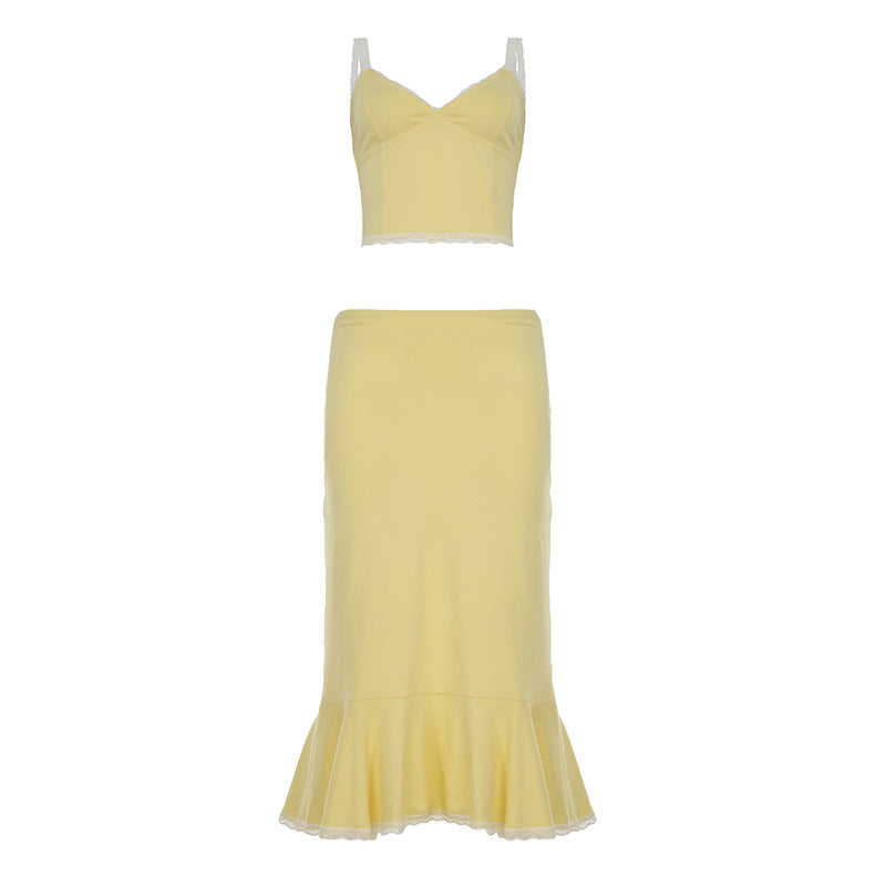 Damen Crop-Top und Midirock Set mit Rüschensaum R&B