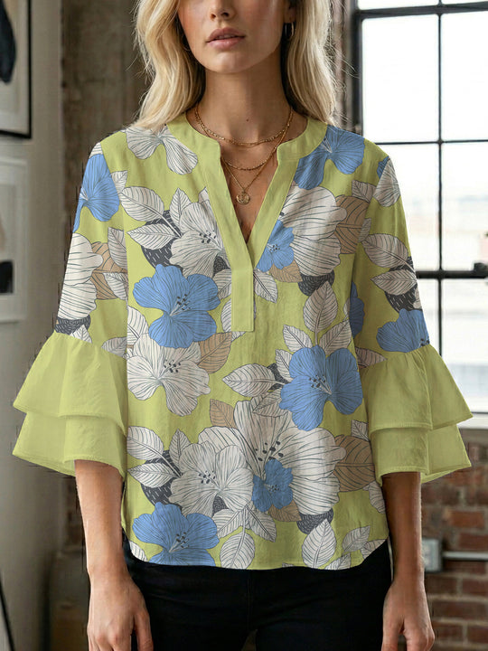 Damen Bluse mit voluminösen Ärmeln und floralem Design R&B