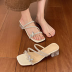 Damen elegante und glamouröse Sandalen mit funkelnden Applikationen und transparentem Blockabsatz EB
