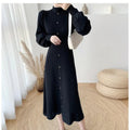 Damen Elegantes, gerippteres Knopfkleid mit langen Ärmeln